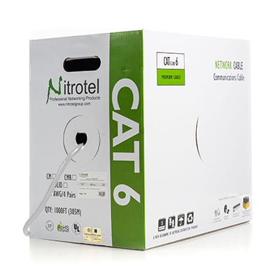 NITROTEL - CAJA DE CABLE Premium CAT6 UTP 550MHZ 23AWG, 4 PARES, , 305 METROS, CERTIFICADO UL, TIA/EIA 568.2D COLOR GRIS