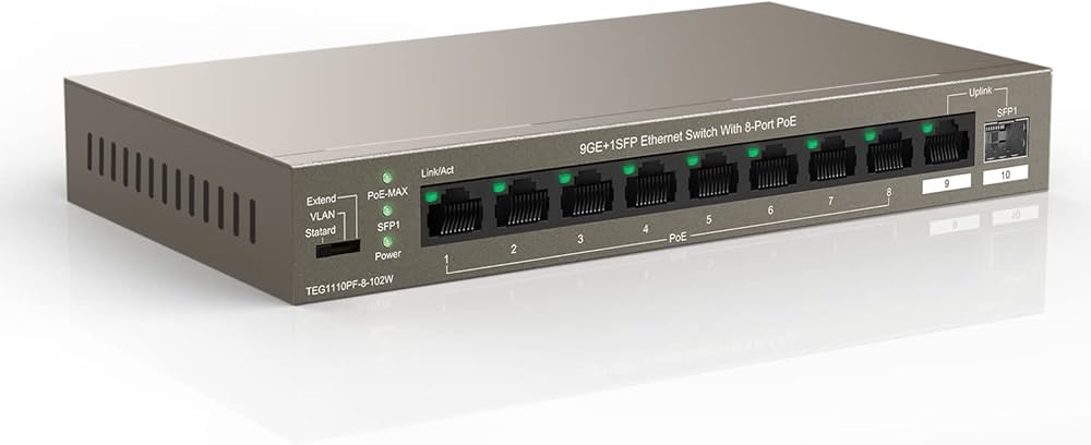 TENDA - Switch 10 Puertos GE, 1SFP (8 POE+) - TEG1110PF-8-102W