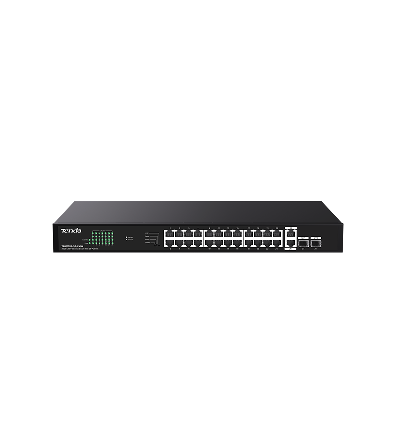 TENDA - Switch 26 Puertos GE, 2SFP (24 POE+) - TEG1128P-24-410W 