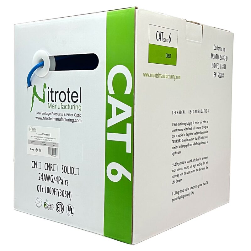 NITROTEL CAJA DE CABLE, ENGINEERPRO CAT6 U/UTP 550MHZ 24AWG 4 PARES,  305 METROS / 1000FT  - COLOR AZUL 