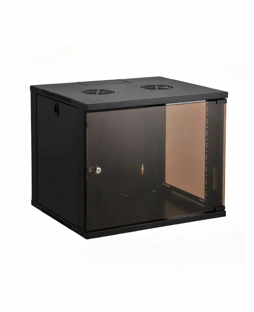 Lupotech - Gabinete 12U 600*450, montaje en pared, sección única, puerta frontal de vidrio, panel lateral extraíble, 2 ventiladores - LT-MX-12U-CAB- UA