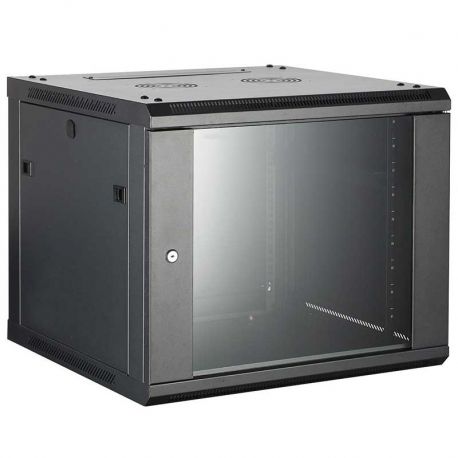 Lupotech - Gabinete 9U abatible de pared, 600*600mm Doble seccion con estructura atornillada al marco, 19U STD, puerta frontal de vidrio templado con cerradura, Color Negro